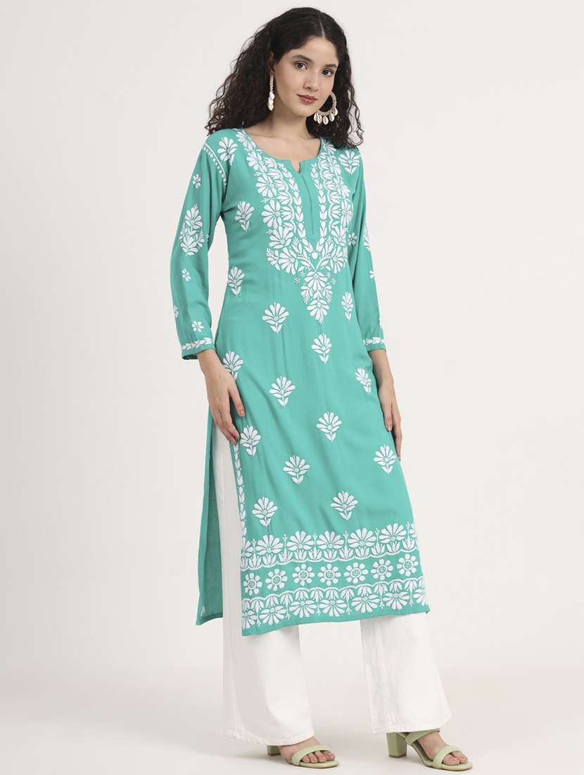 women solid with work long sleeve chikankari kurta - 21991110 - Standard Image - 4