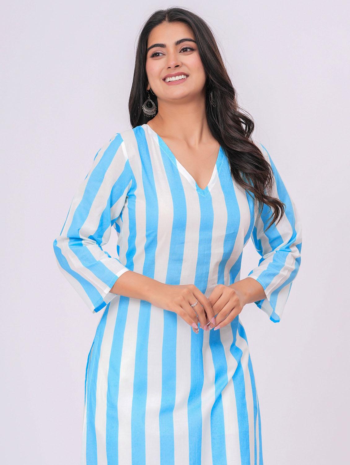 women striped three quarter sleeve straight kurta - 21991193 -  Standard Image - 1