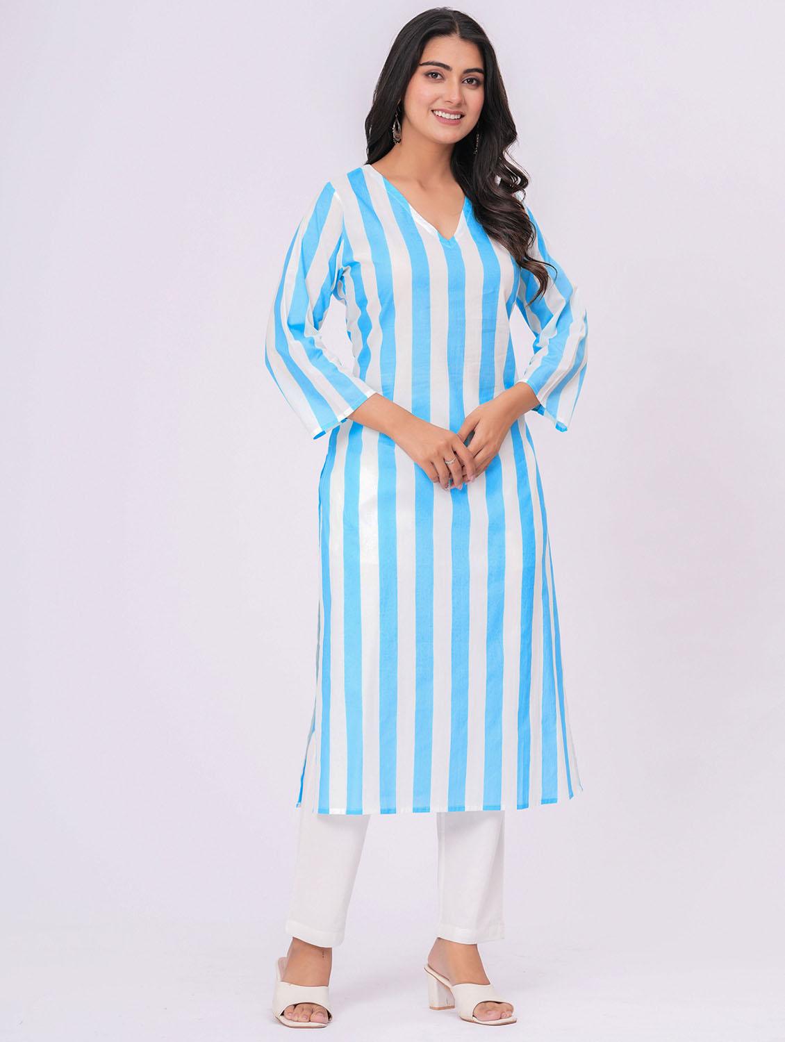women striped three quarter sleeve straight kurta - 21991193 - Standard Image - 4