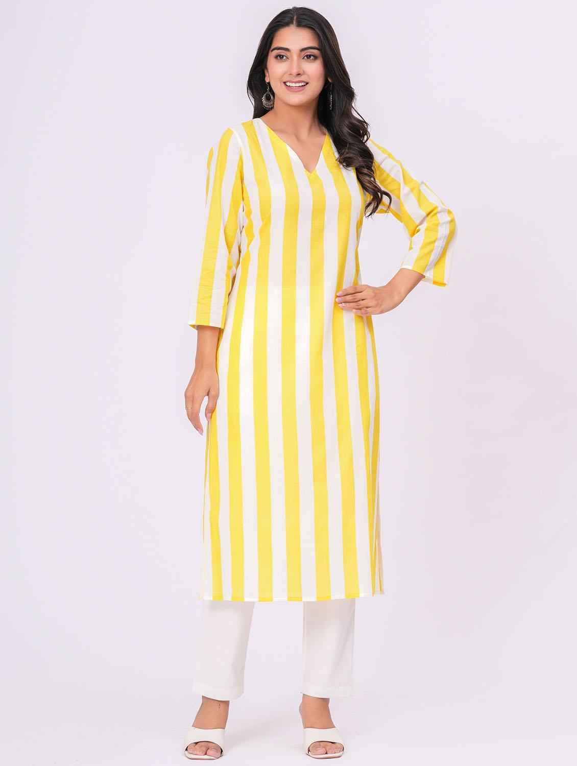 women striped three quarter sleeve straight kurta - 21991194 -  Standard Image - 1