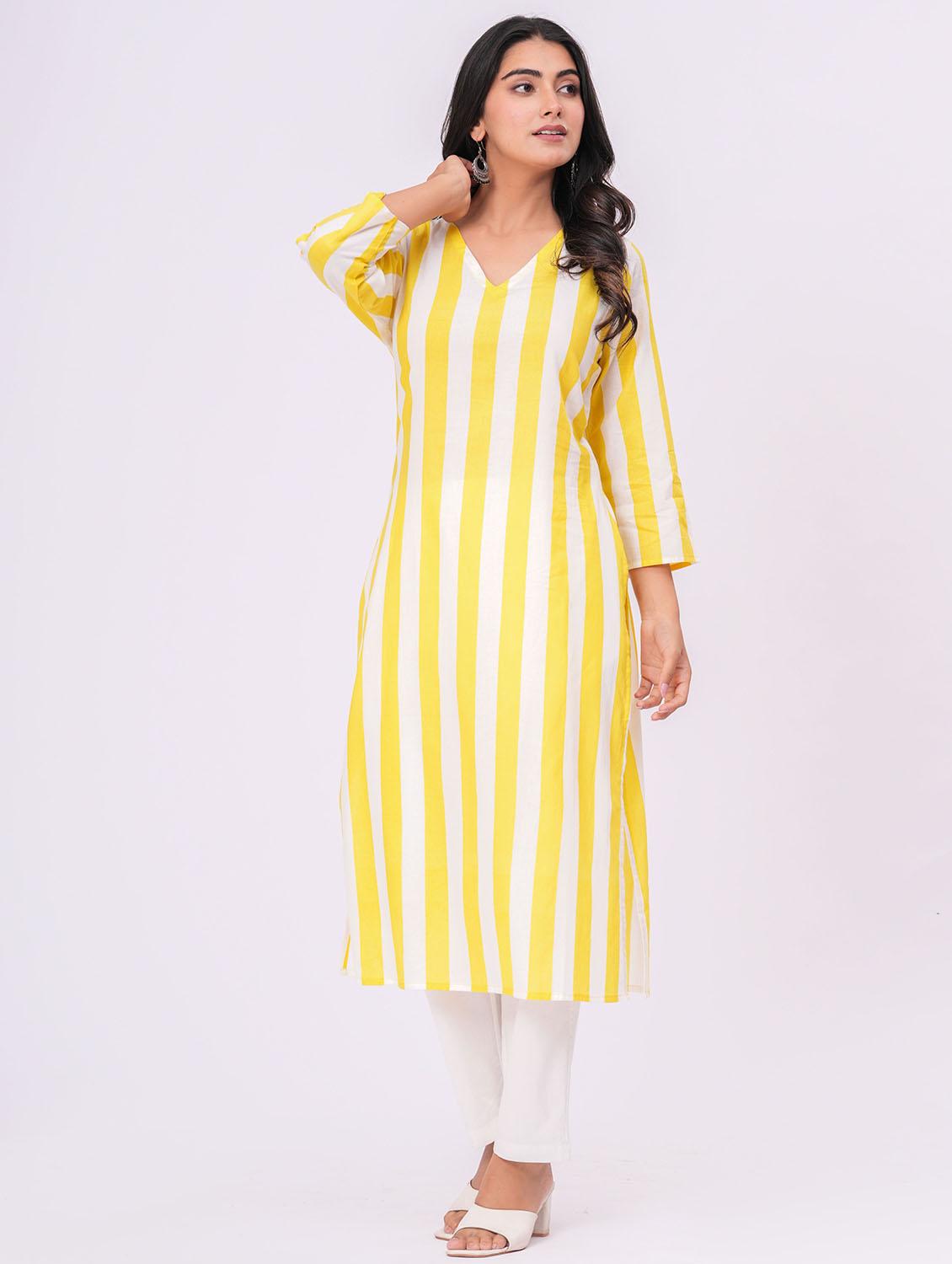 women striped three quarter sleeve straight kurta - 21991194 - Standard Image - 4