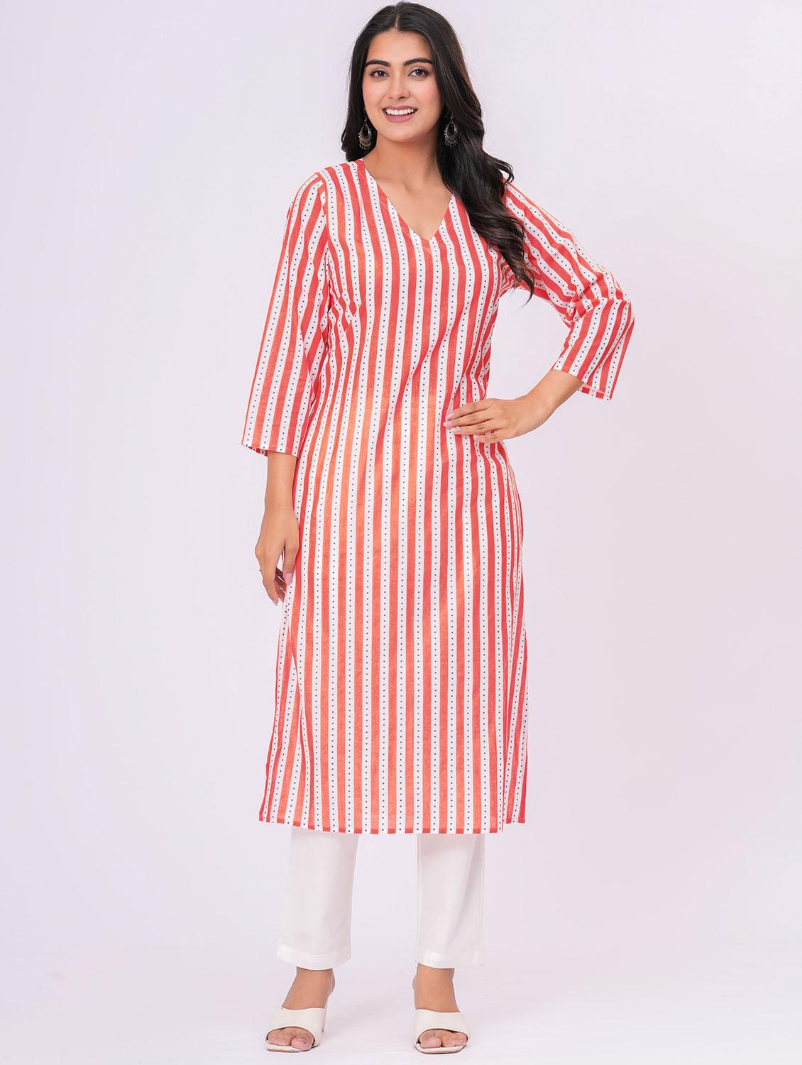 women striped three quarter sleeve a-line kurta - 21991195 -  Standard Image - 1