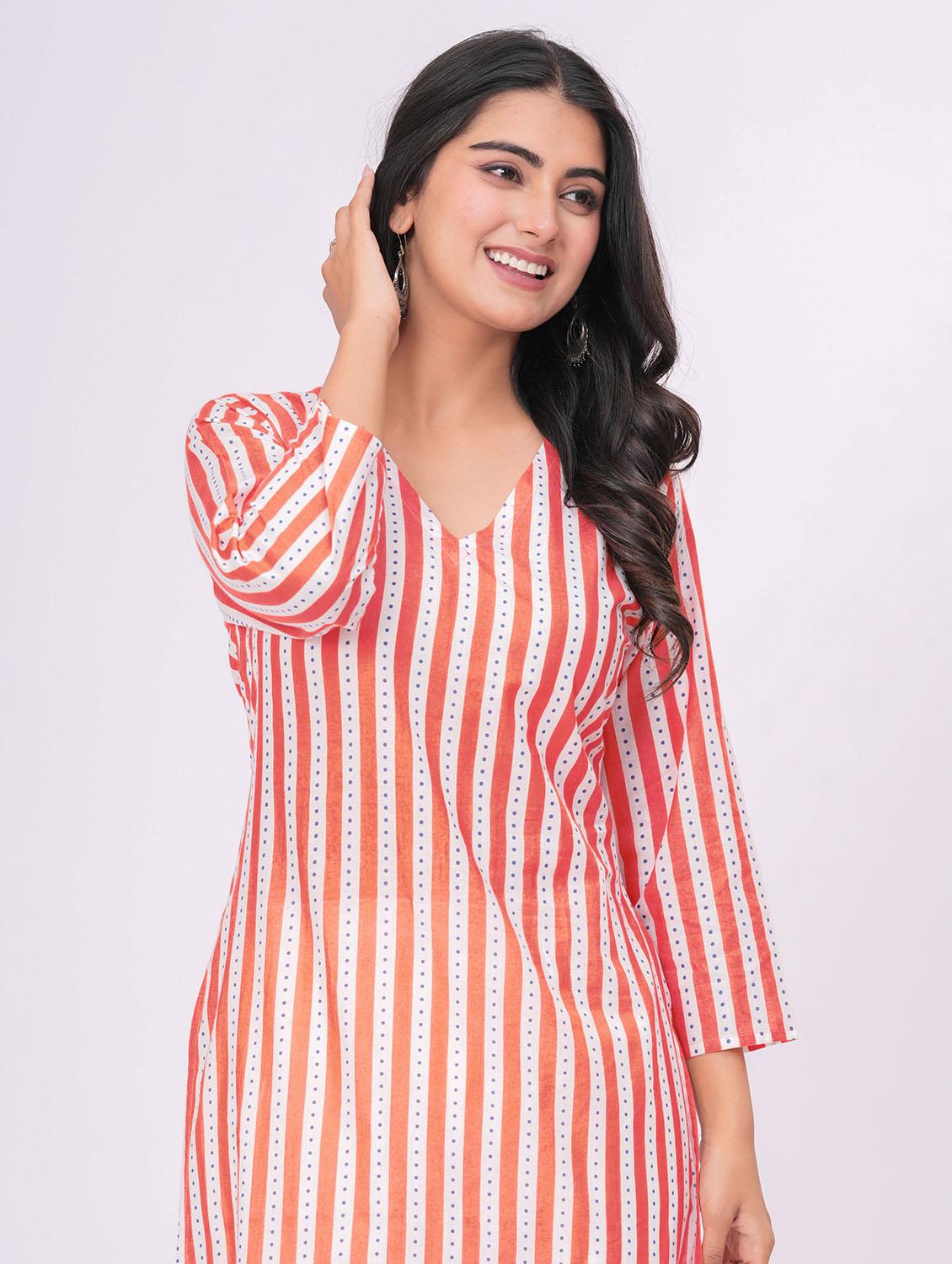 women striped three quarter sleeve a-line kurta - 21991195 - Standard Image - 4