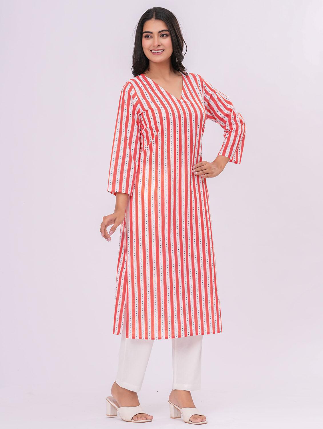 women striped three quarter sleeve a-line kurta - 21991195 - Standard Image - 6