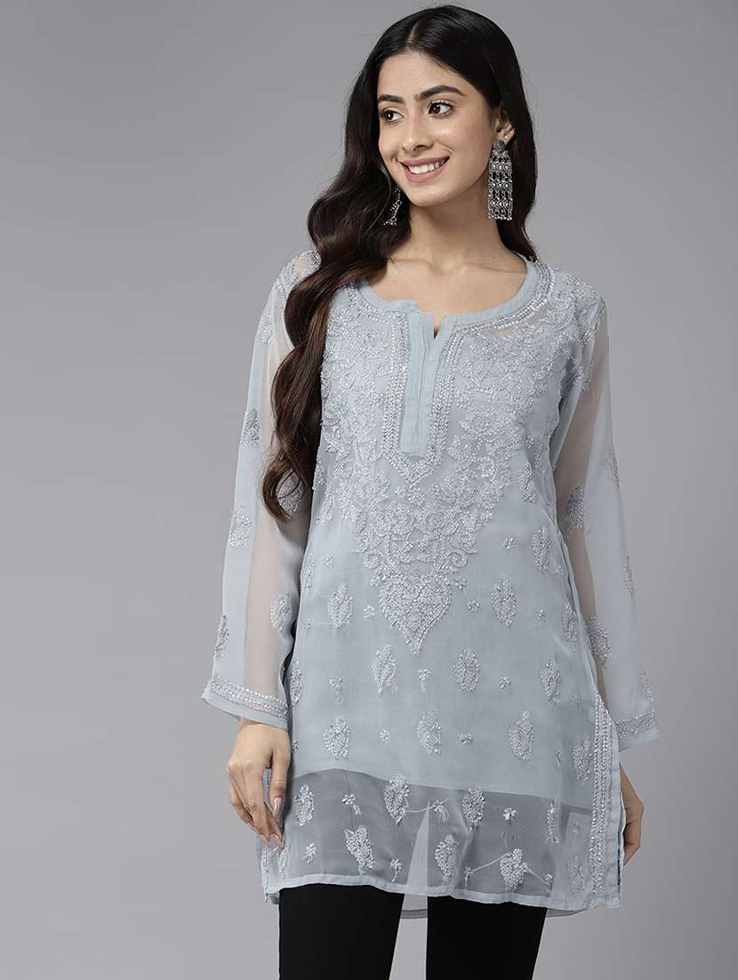 women solid with work long sleeve chikankari kurti