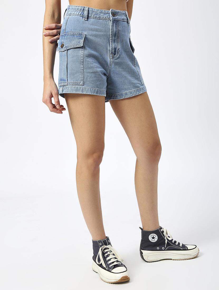 women solid high rise denim cargo short - 21991217 - Standard Image - 1