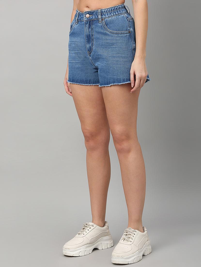 women solid mid rise denim shorts - 21991219 - Standard Image - 1