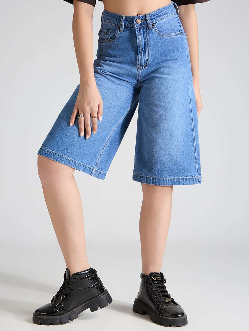 women solid high rise denim bermuda short