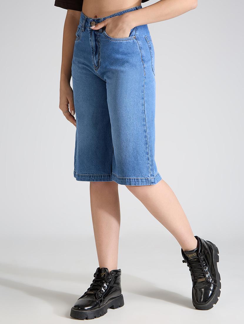 women solid high rise denim bermuda short - 21991220 - Standard Image - 1