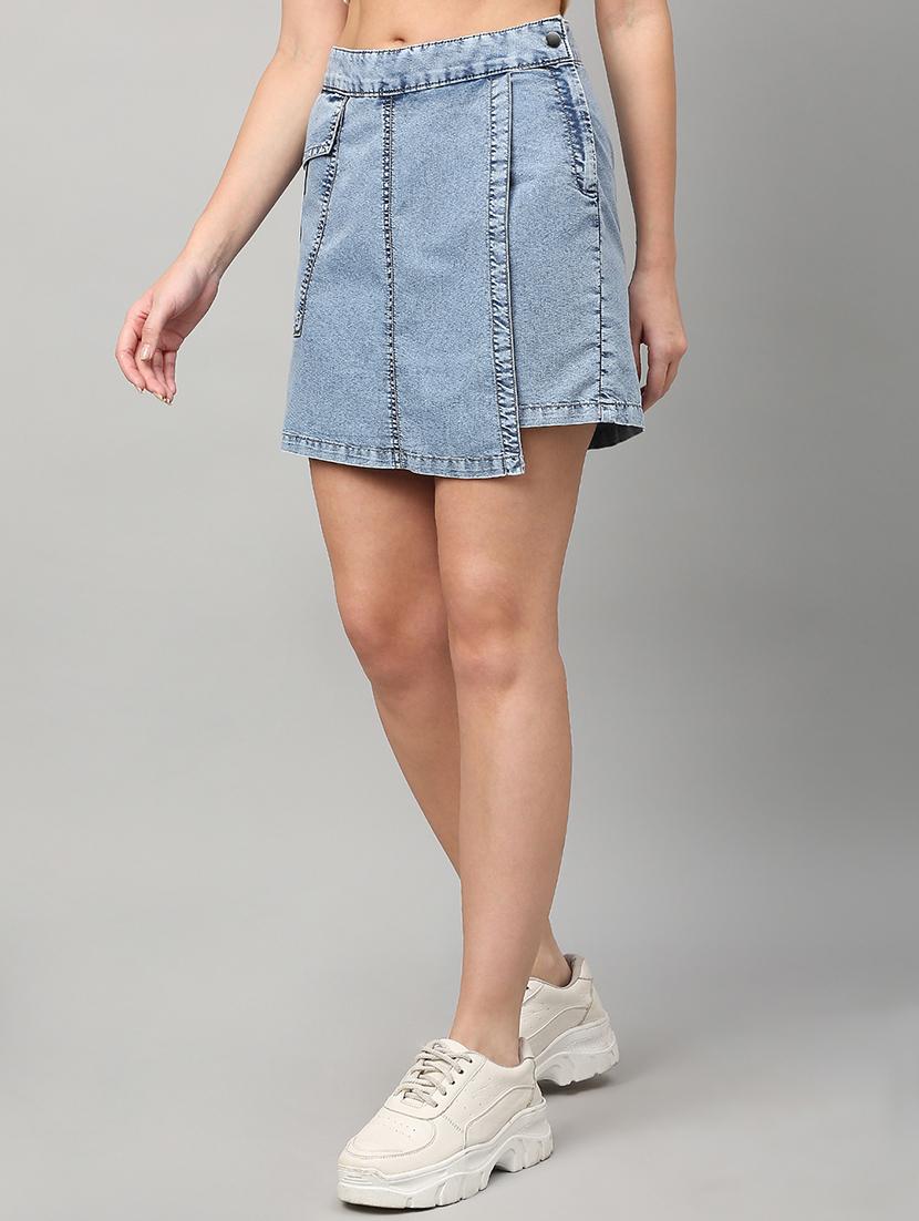 women solid high rise denim skorts - 21991222 - Standard Image - 1