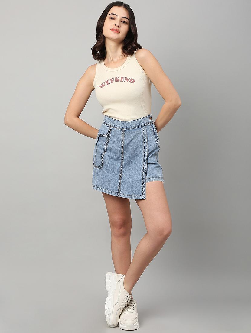 women solid high rise denim skorts - 21991222 - Standard Image - 4