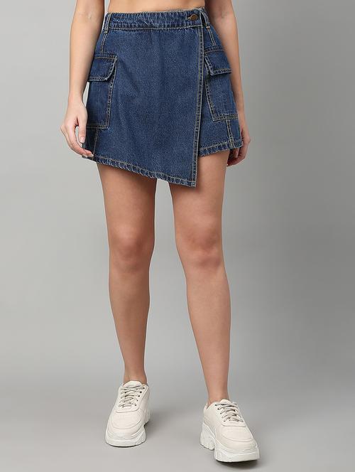 women solid high rise denim skorts - 21991223 - Standard Image - 0
