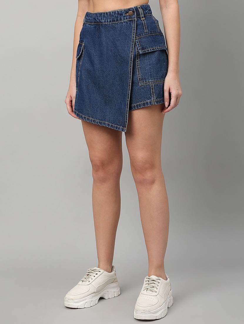 women solid high rise denim skorts - 21991223 - Standard Image - 1