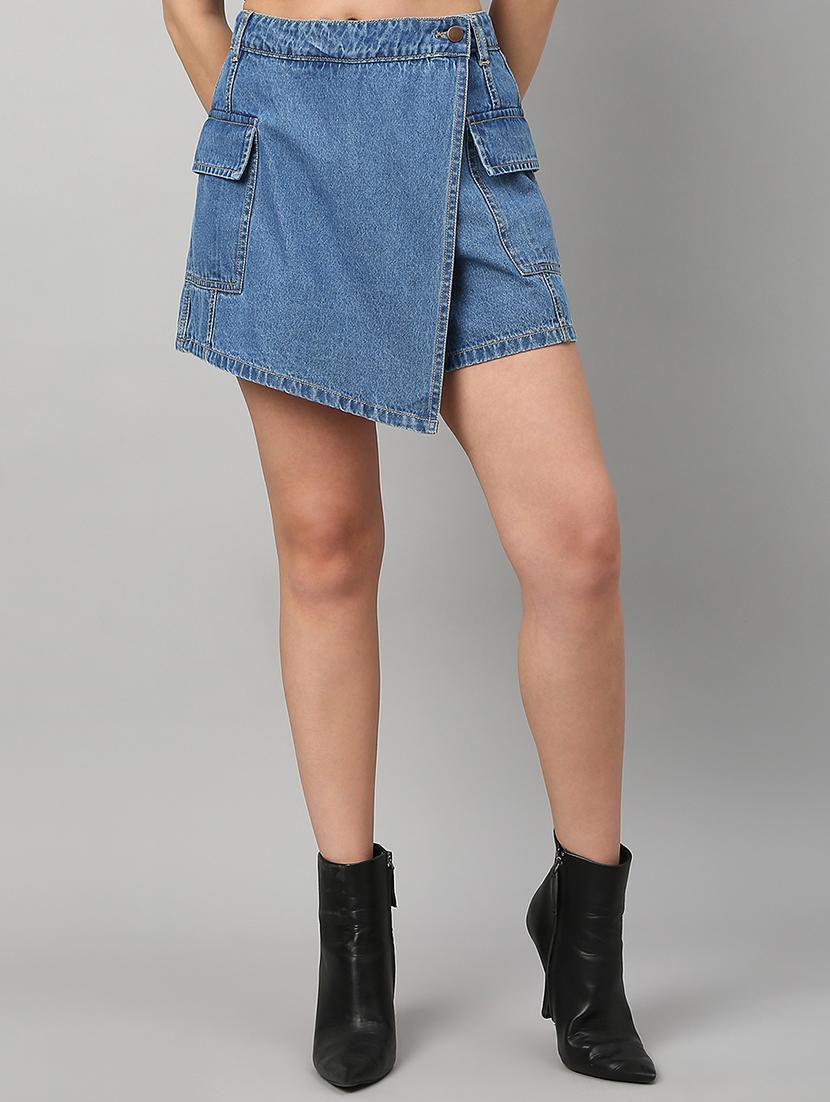 women solid high rise denim skorts - 21991224 - Zoom Image - 0