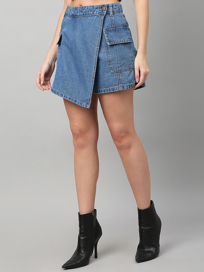 women solid high rise denim skorts - 21991224 - Standard Image - 1