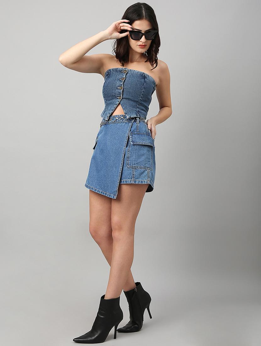 women solid high rise denim skorts - 21991224 - Standard Image - 4