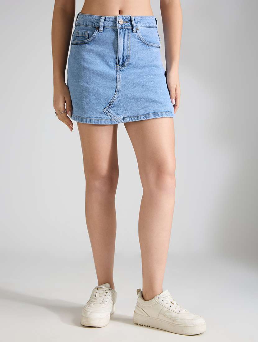 women solid high rise denim skorts
