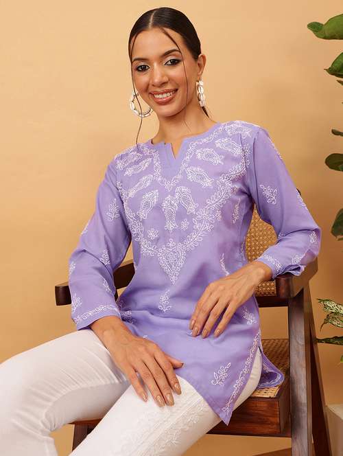 women solid with work long sleeve chikankari kurti - 21991226 - Standard Image - 0