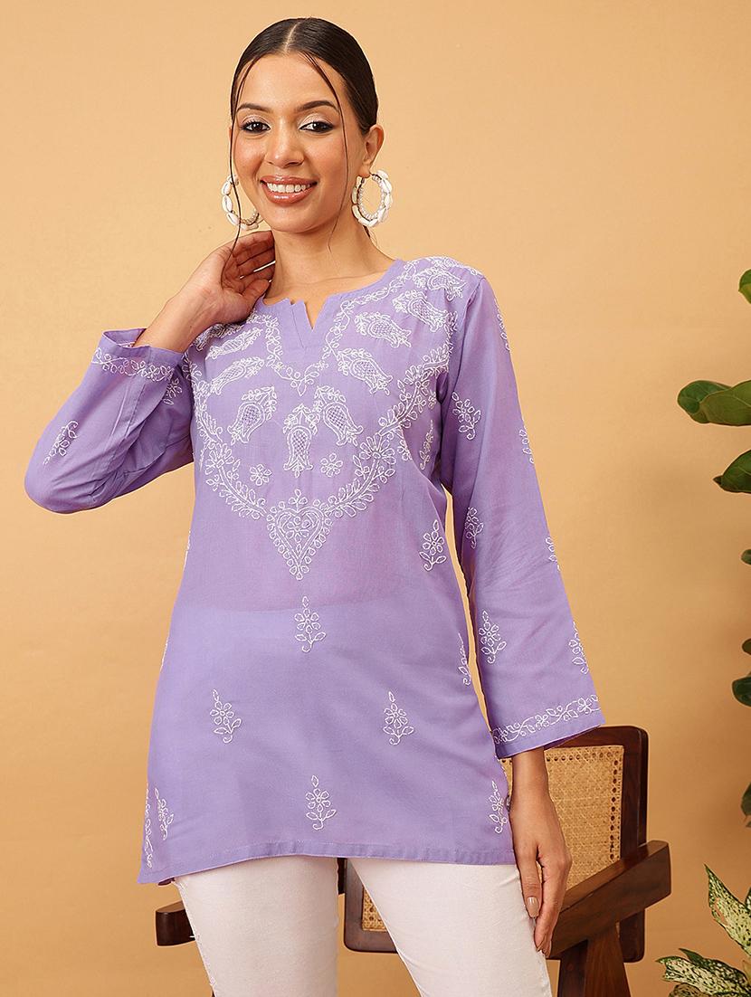 women solid with work long sleeve chikankari kurti - 21991226 - Standard Image - 1