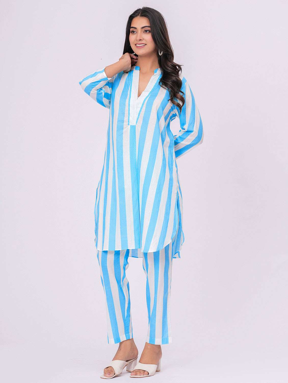 women striped three quarter sleeve ethnic co-ord set - 21991261 - Standard Image - 4