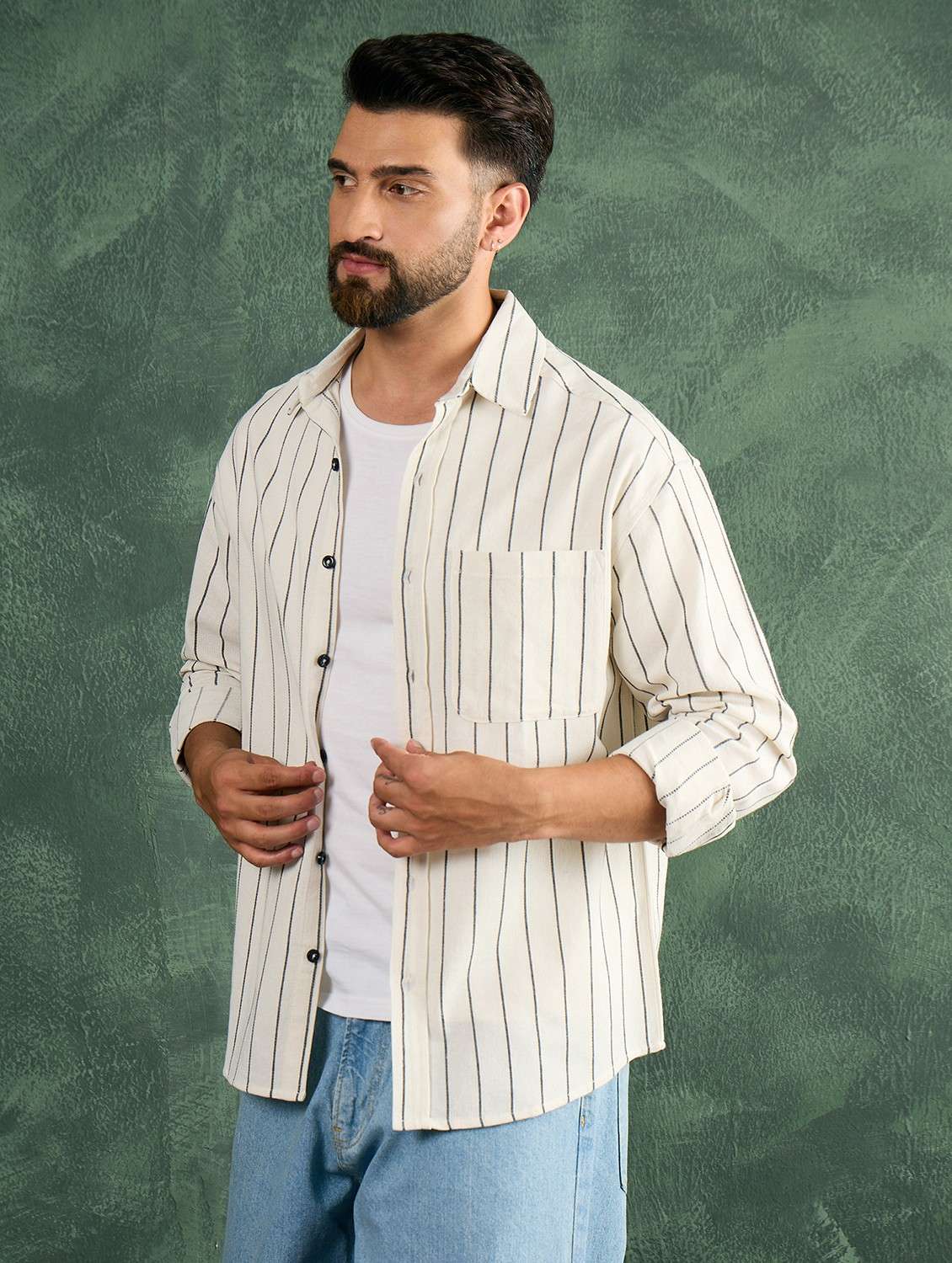 men striped collared long sleeve oversized shirt - 21991273 -  Standard Image - 1
