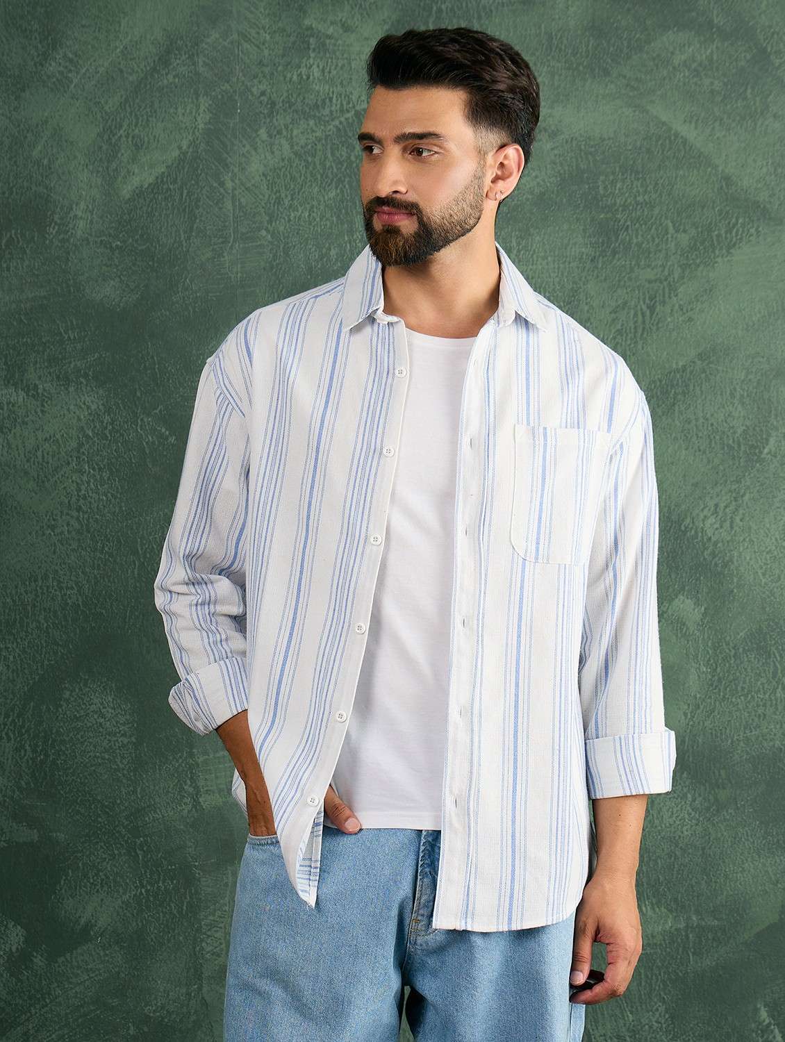 men striped collared long sleeve oversized shirt - 21991274 -  Standard Image - 1