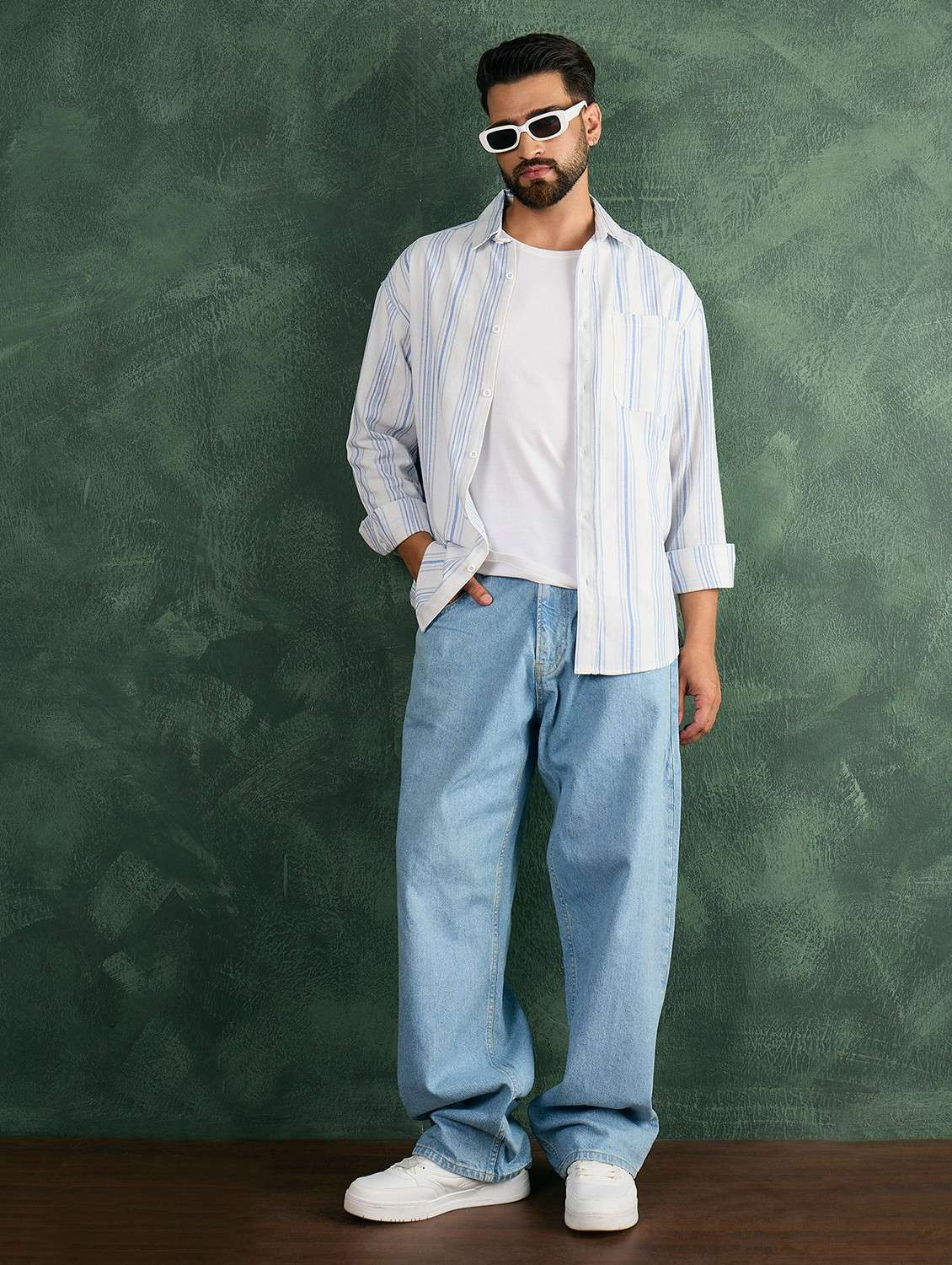 men striped collared long sleeve oversized shirt - 21991274 -  Standard Image - 4