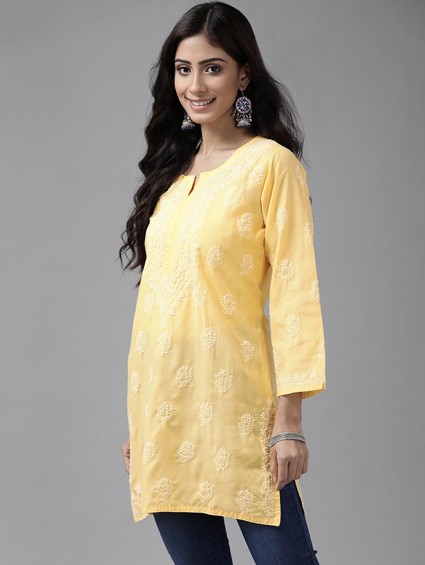 women solid with work long sleeve chikankari kurti - 21991348 -  Standard Image - 1