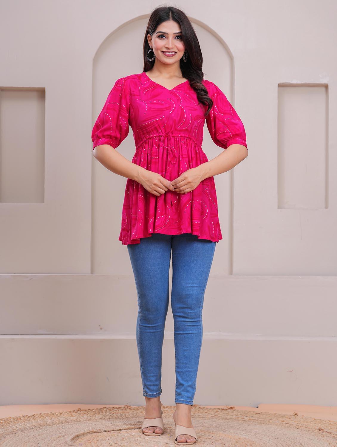 women printed puff sleeve peplum top - 21991355 - Standard Image - 4