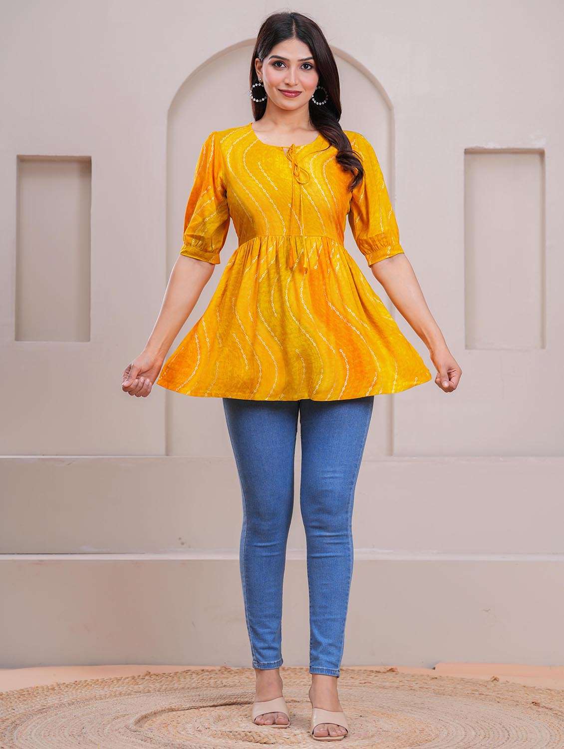 women printed puff sleeve a-line top - 21991357 - Standard Image - 4