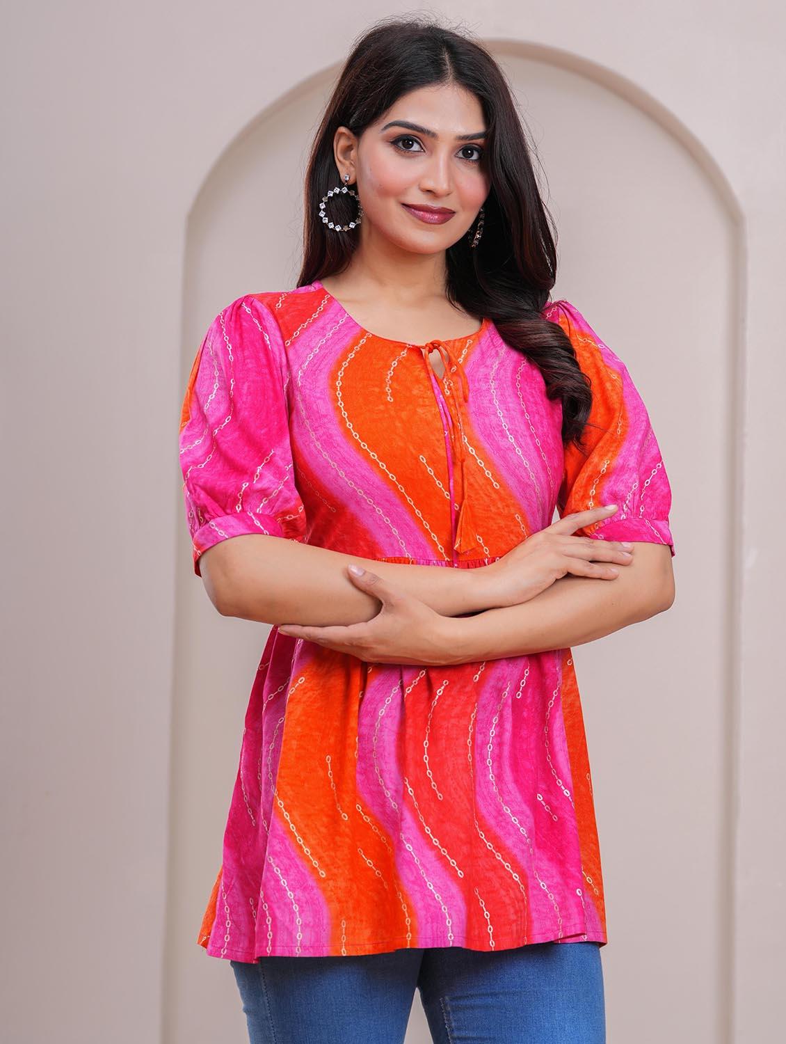 women printed puff sleeve a-line top - 21991358 - Standard Image - 1