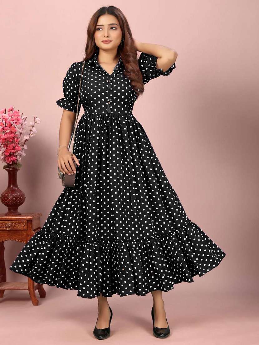 women polka doted puff sleeve tiered dress
