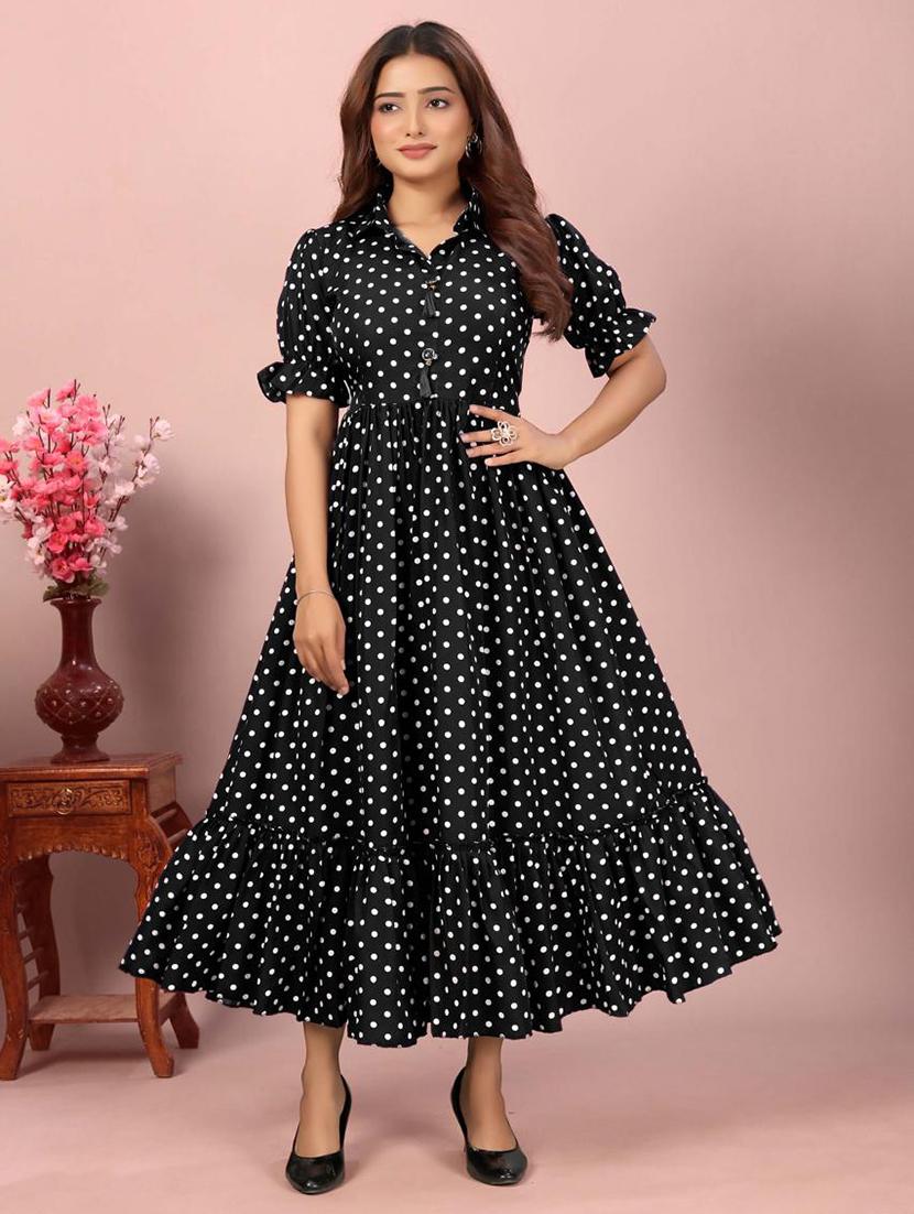 women polka doted puff sleeve tiered dress - 21991359 -  Standard Image - 1