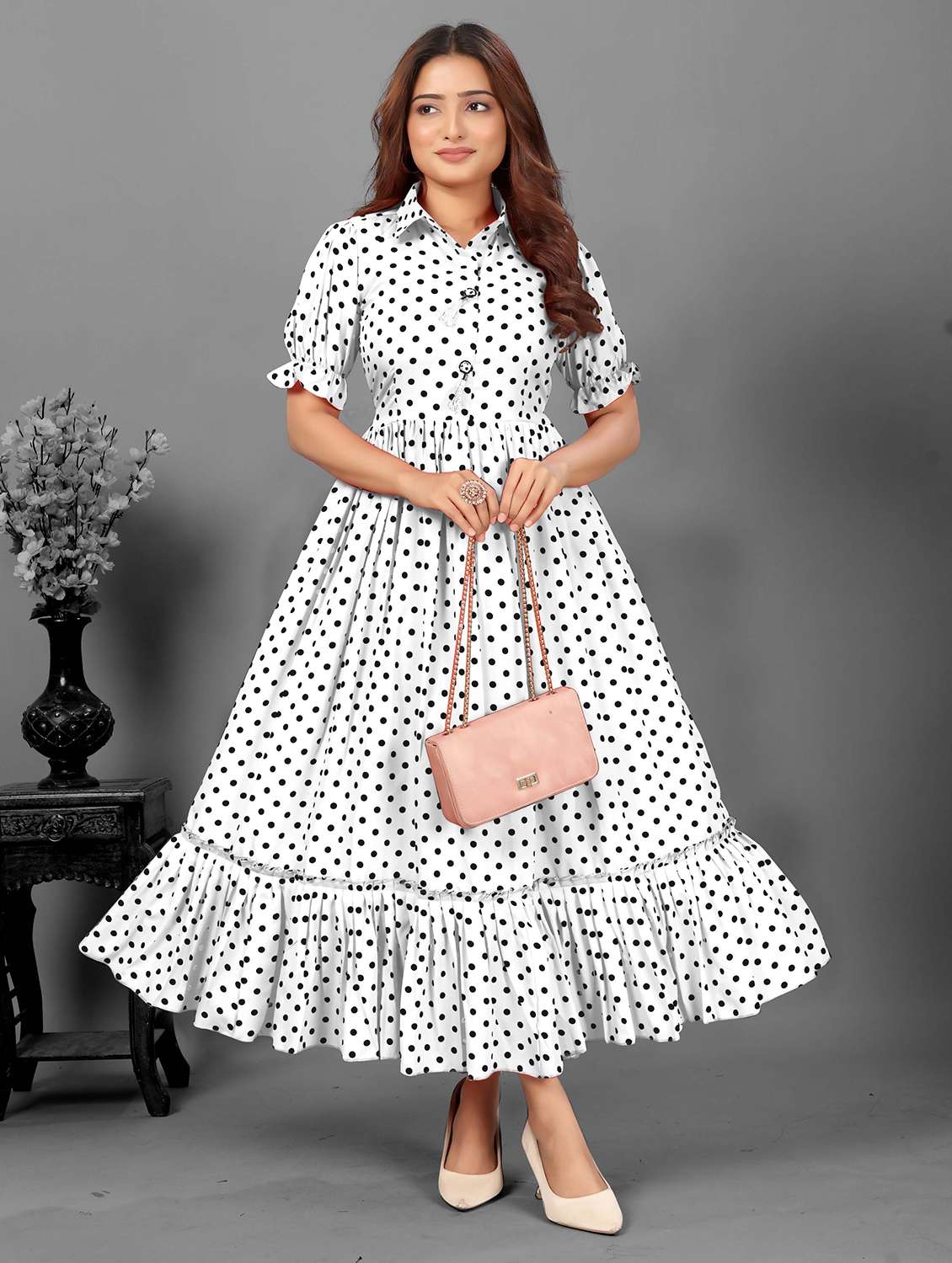 women polka doted collared tiered dress - 21991362 -  Zoom Image - 0
