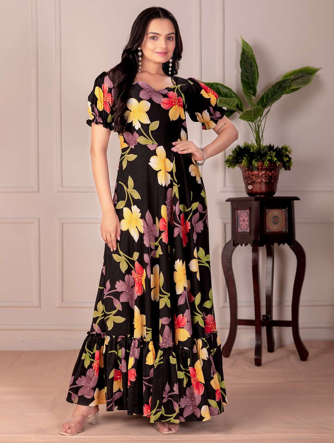 women floral print collared tiered maxi dress