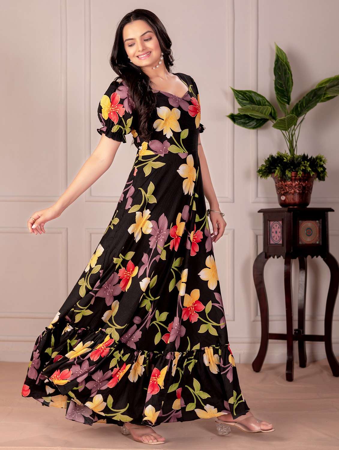 women floral print collared tiered maxi dress - 21991366 -  Standard Image - 1