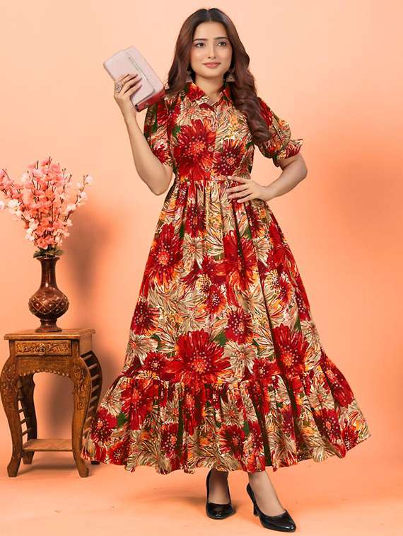 women printed collared puff sleeve tiered dress