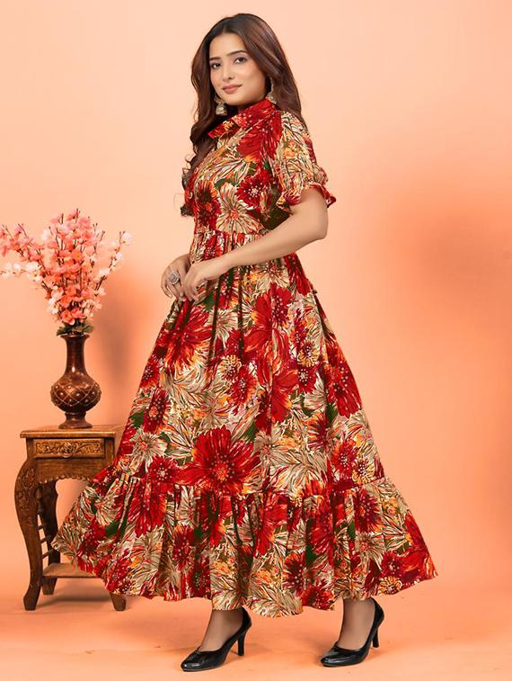 women printed collared puff sleeve tiered dress - 21991369 - Standard Image - 1