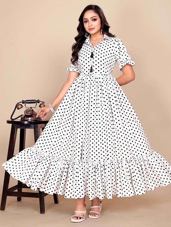 women polka doted puff sleeve tiered dress