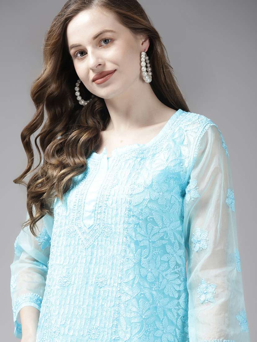 women solid with work long sleeve chikankari kurti - 21991571 -  Standard Image - 4