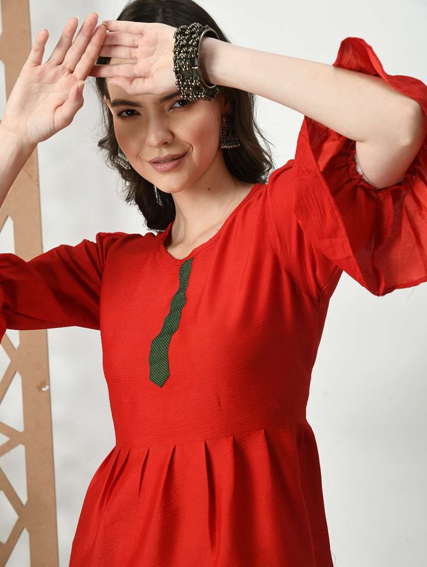 women solid bell sleeve tiered kurti - 21991797 -  Standard Image - 1