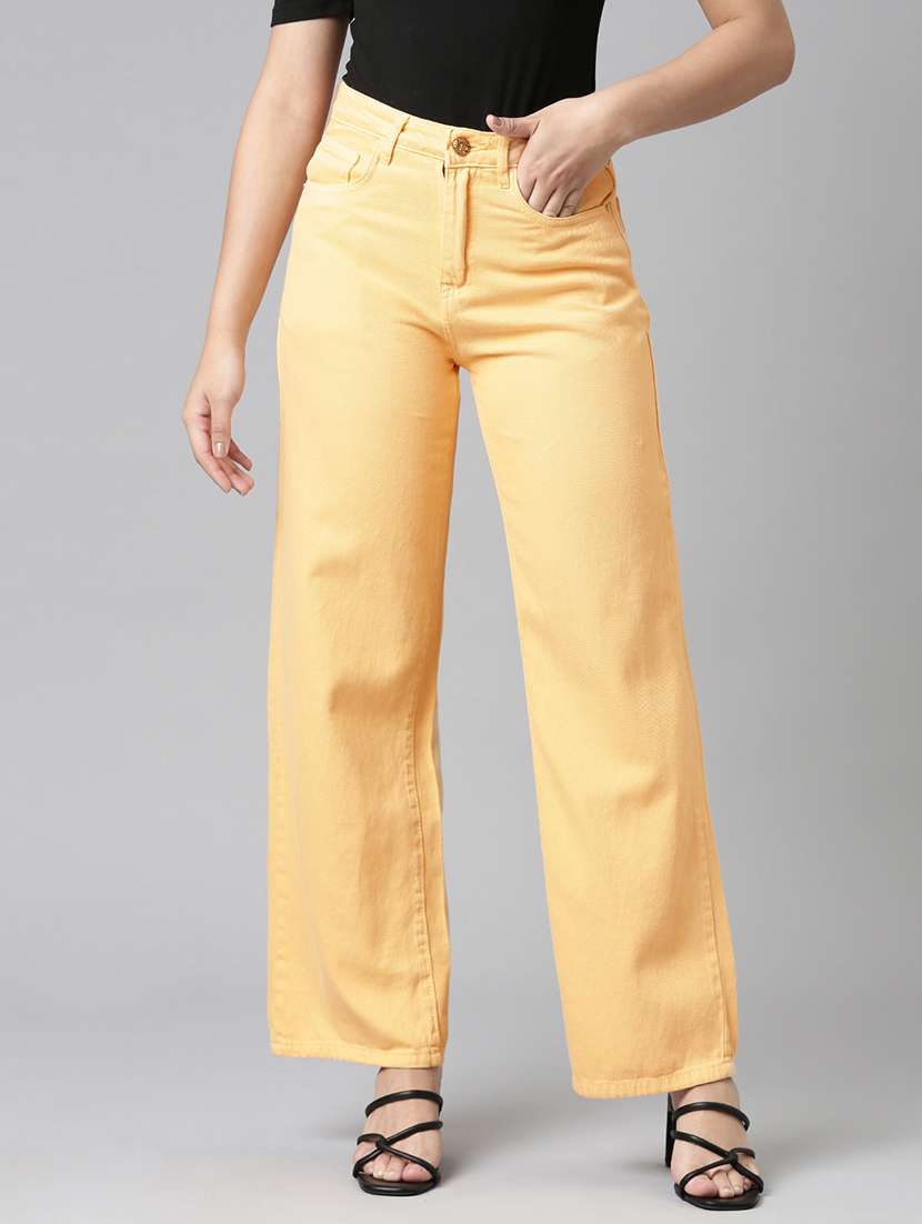 women solid high rise wide leg jean