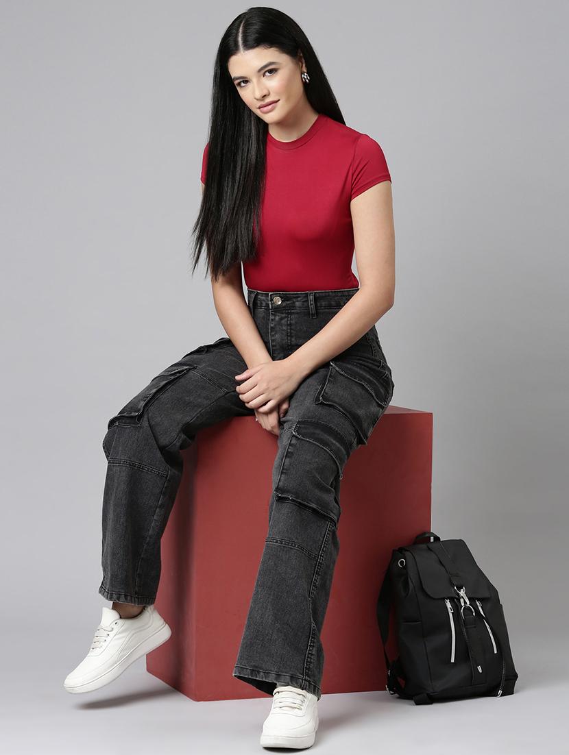 women solid high rise relaxed fit cargo - 21991875 - Standard Image - 4