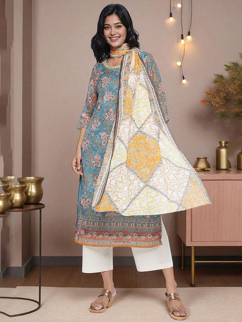 blue cotton blend kurta palazzo  set - 21991974 -  Standard Image - 1