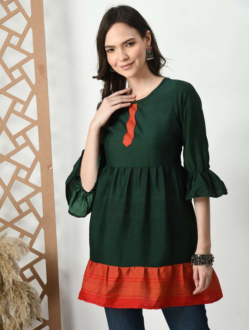 women color blocked bell sleeve tiered kurti - 21992218 -  Standard Image - 1