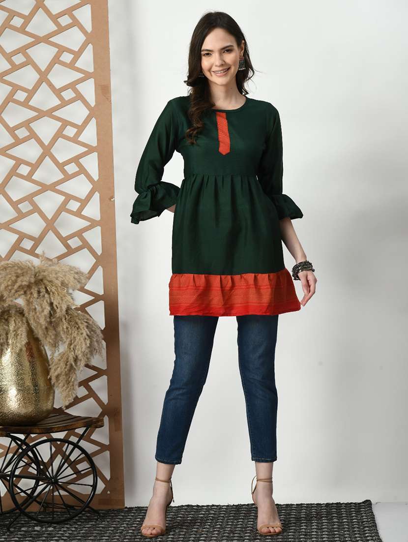 women color blocked bell sleeve tiered kurti - 21992218 -  Standard Image - 4