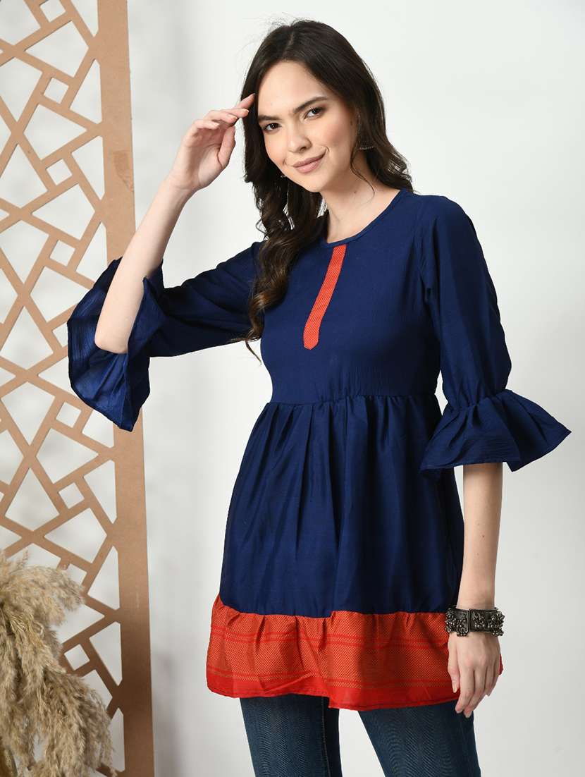 women color blocked bell sleeve tiered kurti - 21992219 -  Standard Image - 1