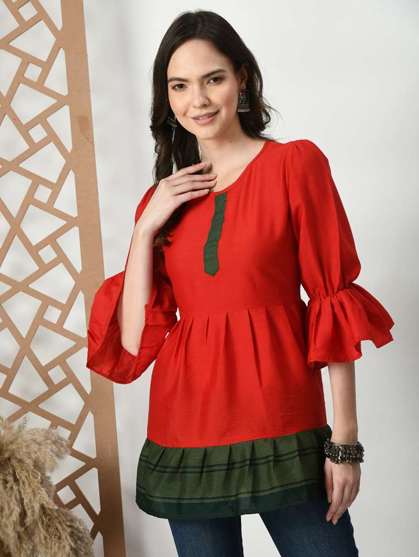 women color blocked bell sleeve tiered kurti - 21992220 -  Standard Image - 1