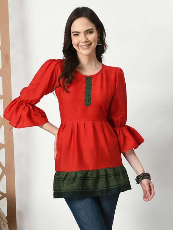 women color blocked bell sleeve tiered kurti - 21992220 -  Standard Image - 4