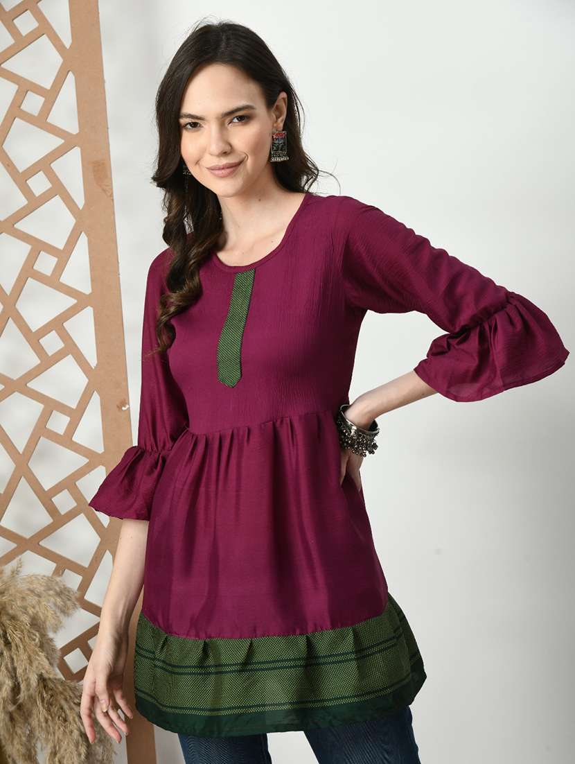 women color blocked bell sleeve tiered kurti - 21992221 -  Standard Image - 1